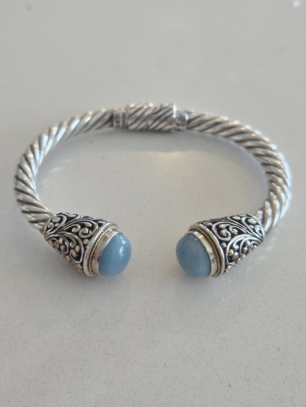 Robert Manse Romance 18k Gold Sterling Silver Cable Cuff Bracelet Blue Stone